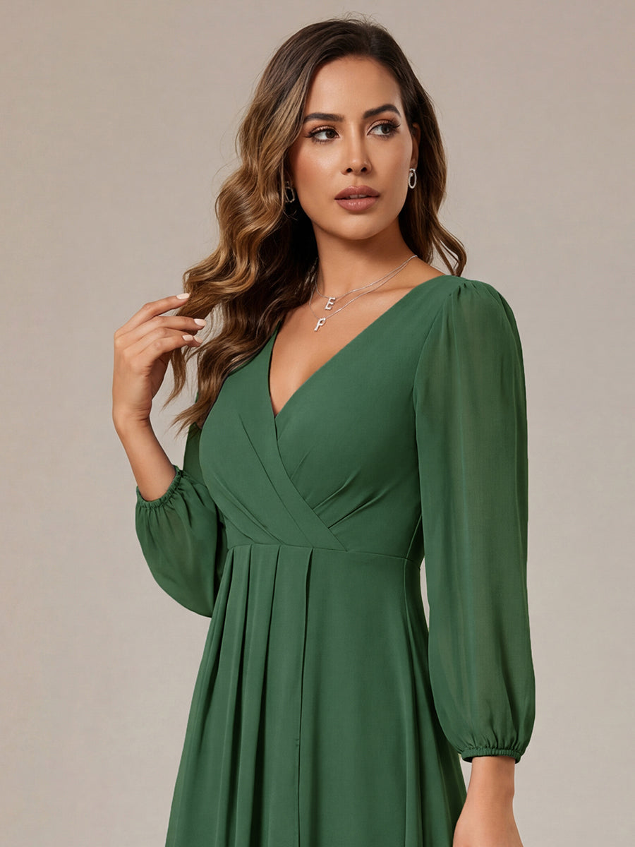 Long Sleeves Asymmetrical Hem A-Line Midi Wedding Guest Dress #color_Eucalyptus