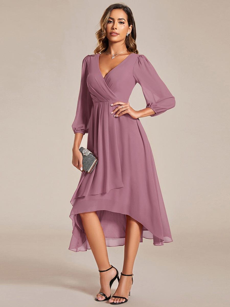 Long Sleeves Asymmetrical Hem A-Line Midi Wedding Guest Dress #color_Purple Orchid