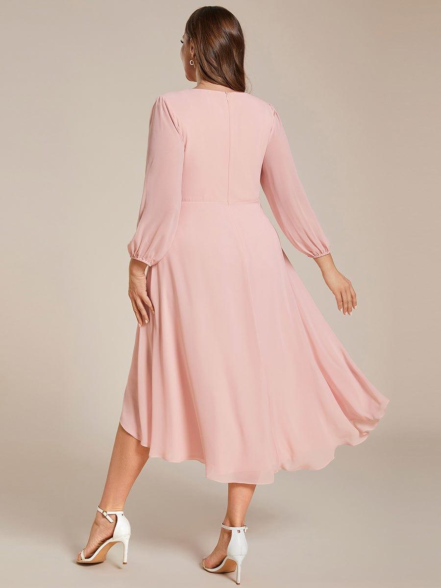 Long Sleeves Asymmetrical Hem A-Line Midi Wedding Guest Dress #color_Pink