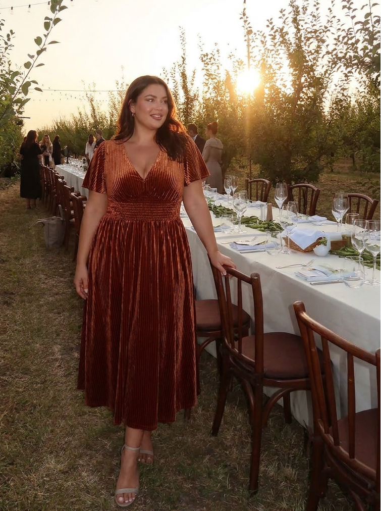 Plus Size A-line V-Neck Short Sleeve Pleated Velvet Fall Wedding Guest Dress #color_Caramel