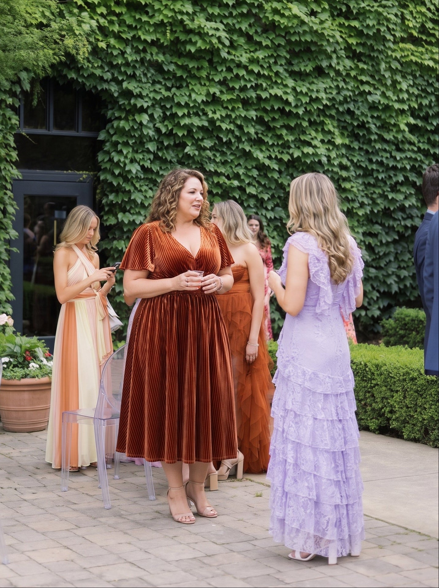 Plus Size A-line V-Neck Short Sleeve Pleated Velvet Fall Wedding Guest Dress #color_Caramel