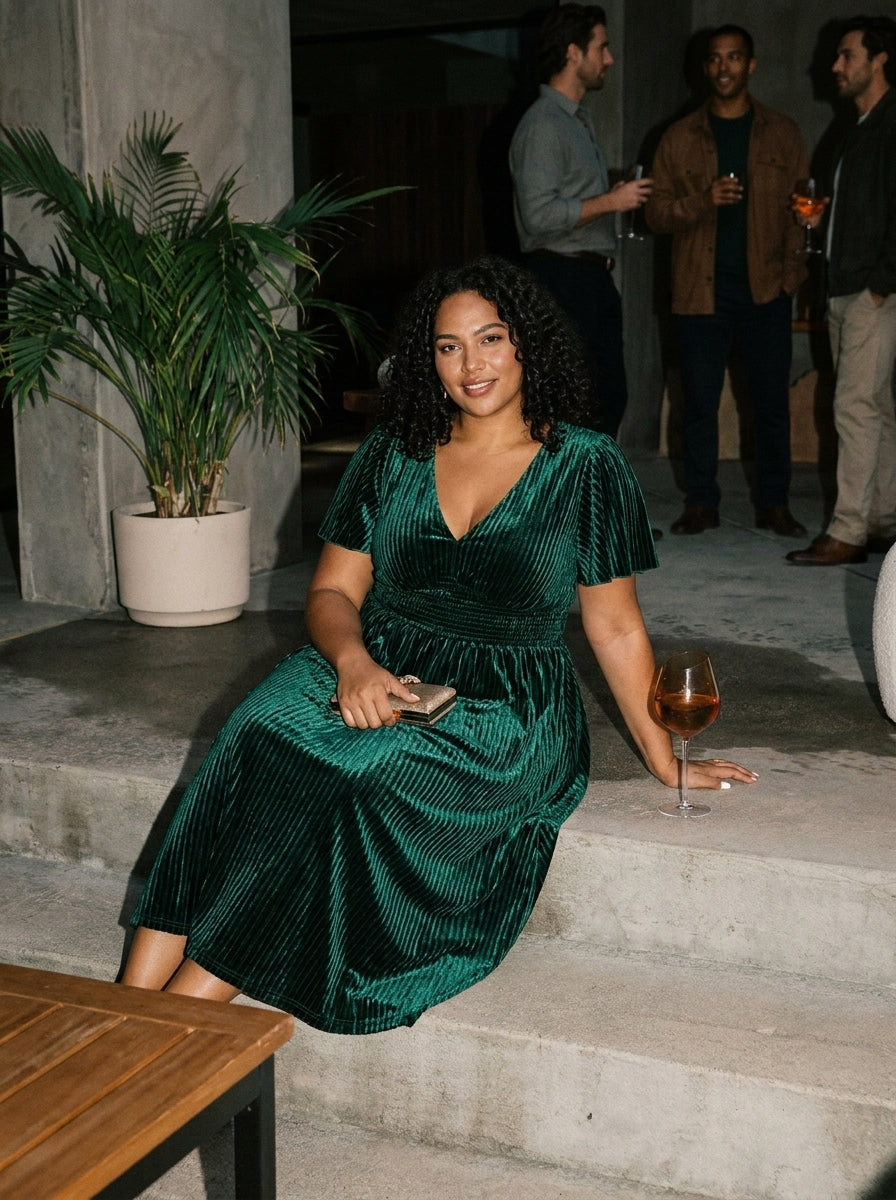 Plus Size A-line V-Neck Short Sleeve Pleated Velvet Fall Wedding Guest Dress #color_Dark Green