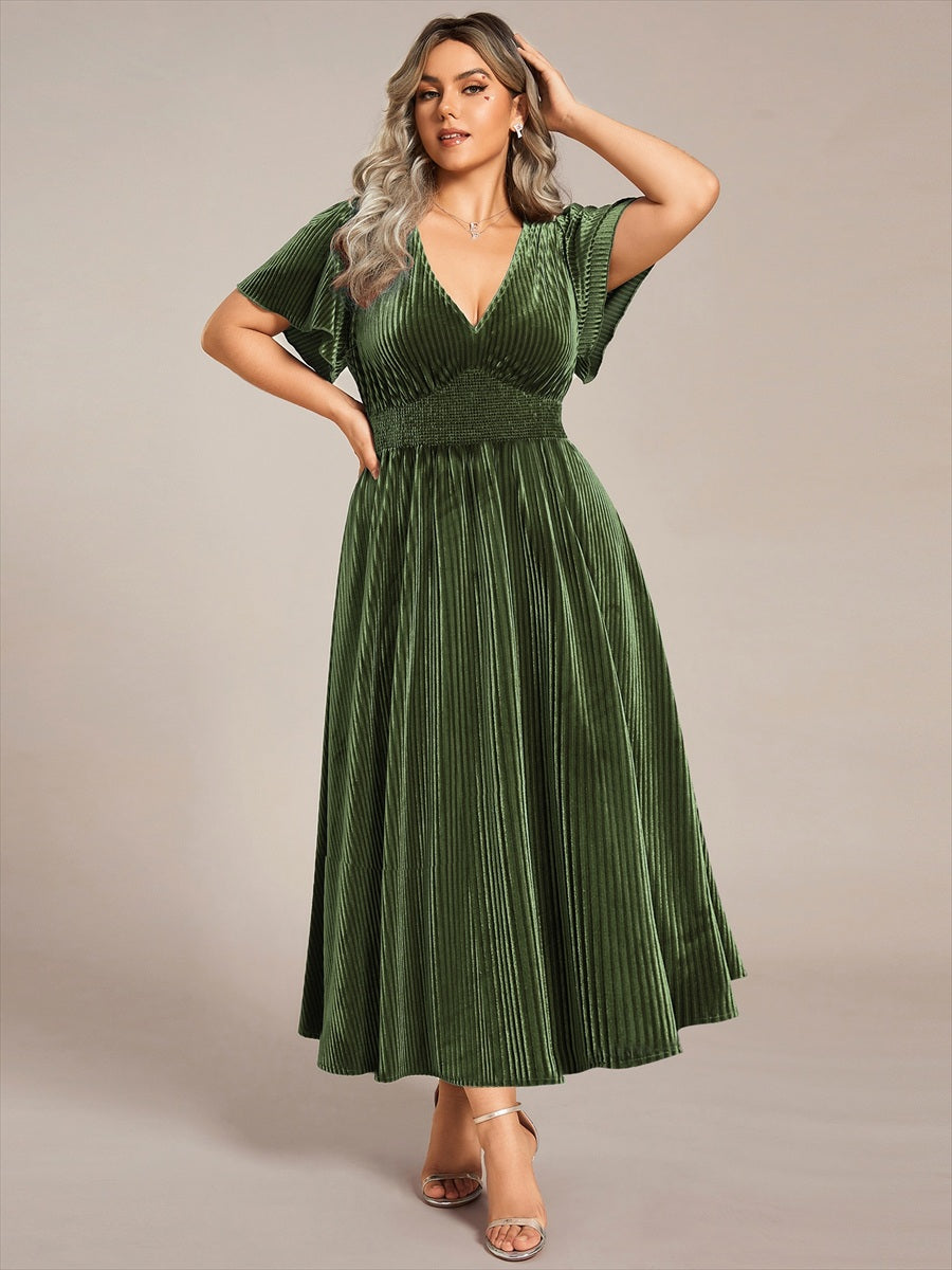 Plus Size A-line V-Neck Short Sleeve Pleated Velvet Fall Wedding Guest Dress #color_Olive Green