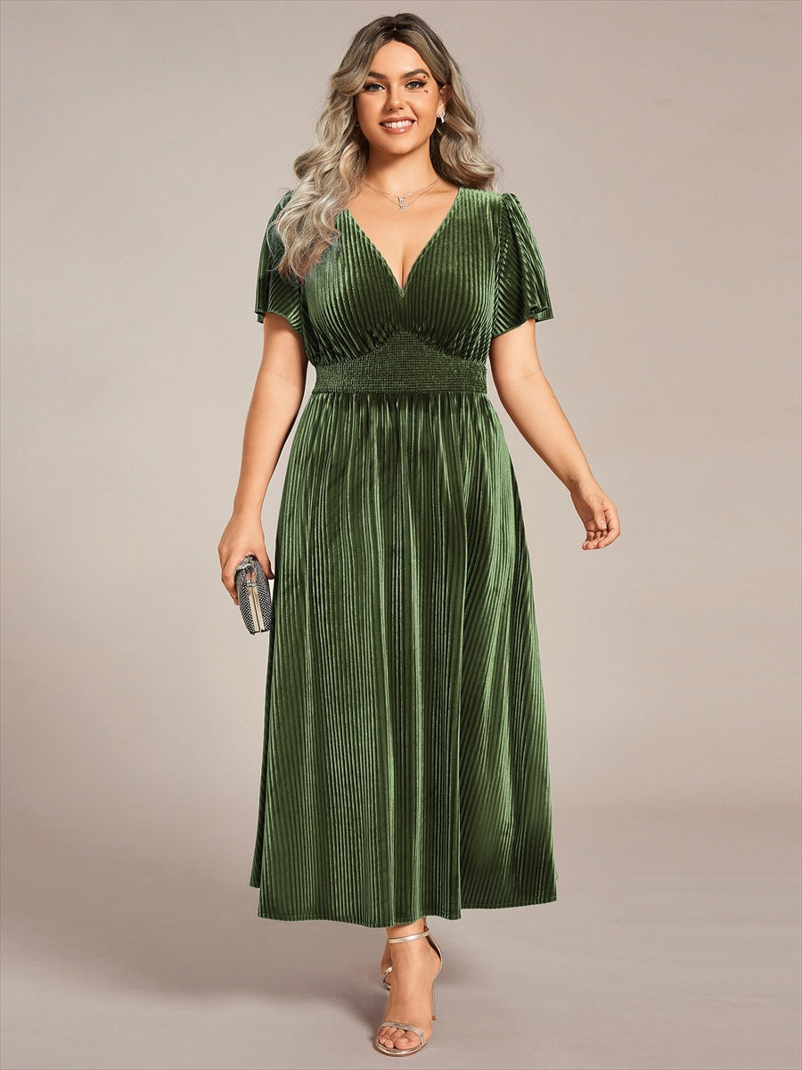Plus Size A-line V-Neck Short Sleeve Pleated Velvet Fall Wedding Guest Dress #color_Olive Green