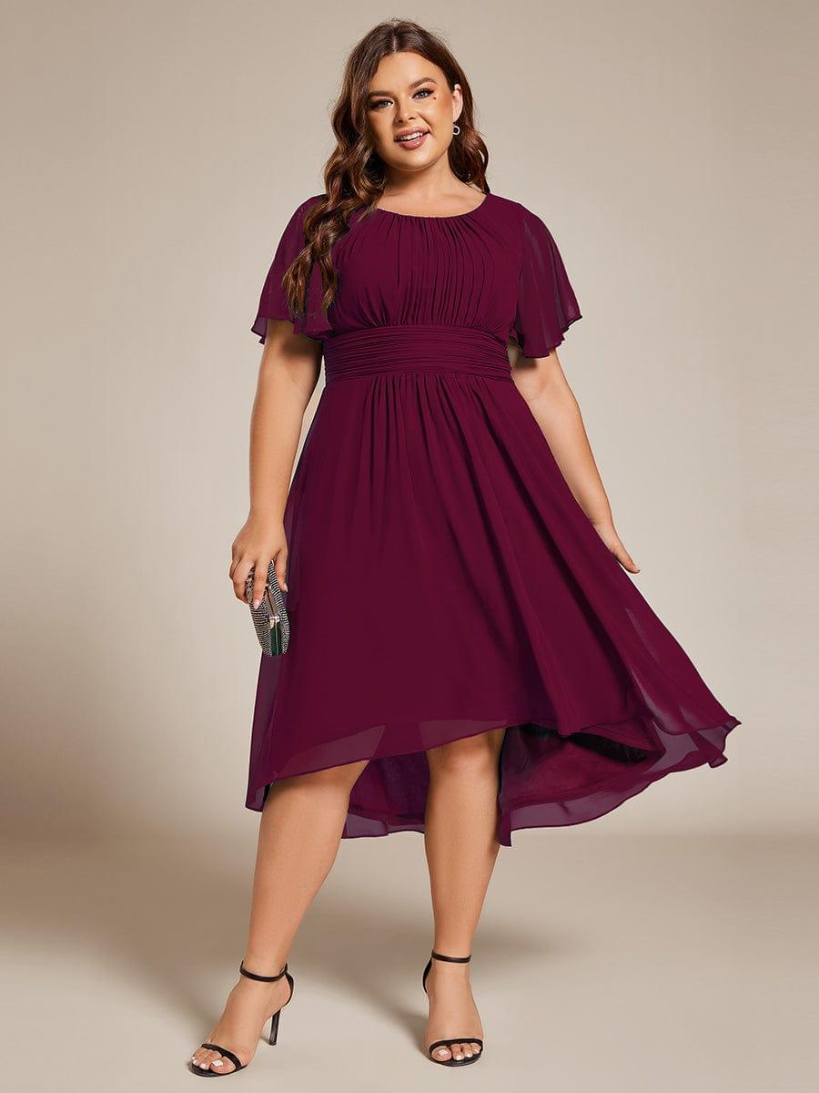 Plus Size Pleated Round Neckline A-Line Midi Chiffon Wedding Guest Dress #color_Burgundy
