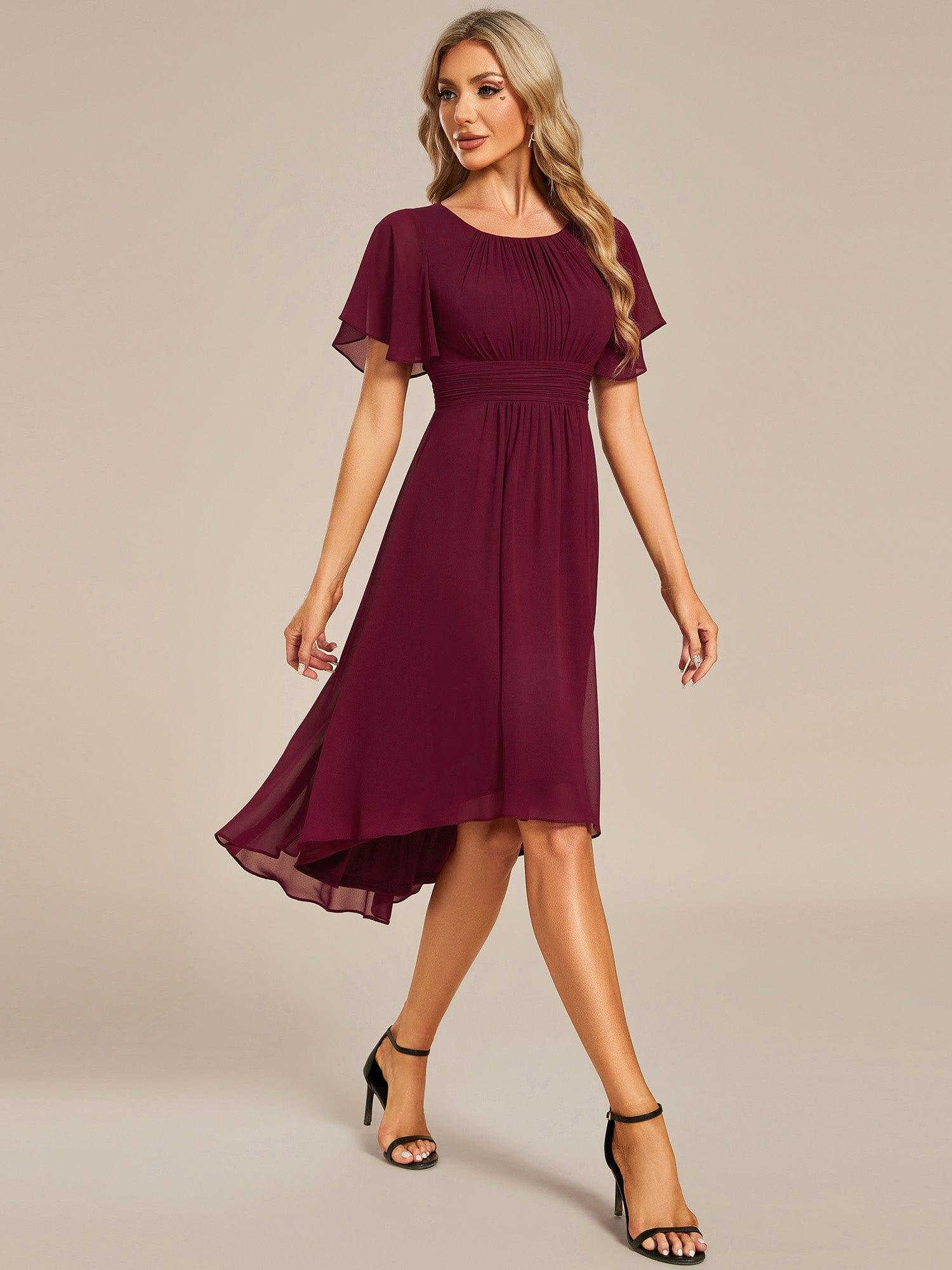 Flowy Chiffon Round Neckline A-Line Knee Length Wedding Guest Dress #color_Burgundy