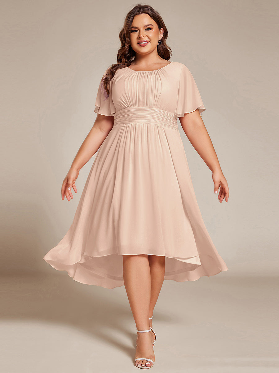 Plus Size Pleated Round Neckline A-Line Midi Chiffon Wedding Guest Dress #color_Blush