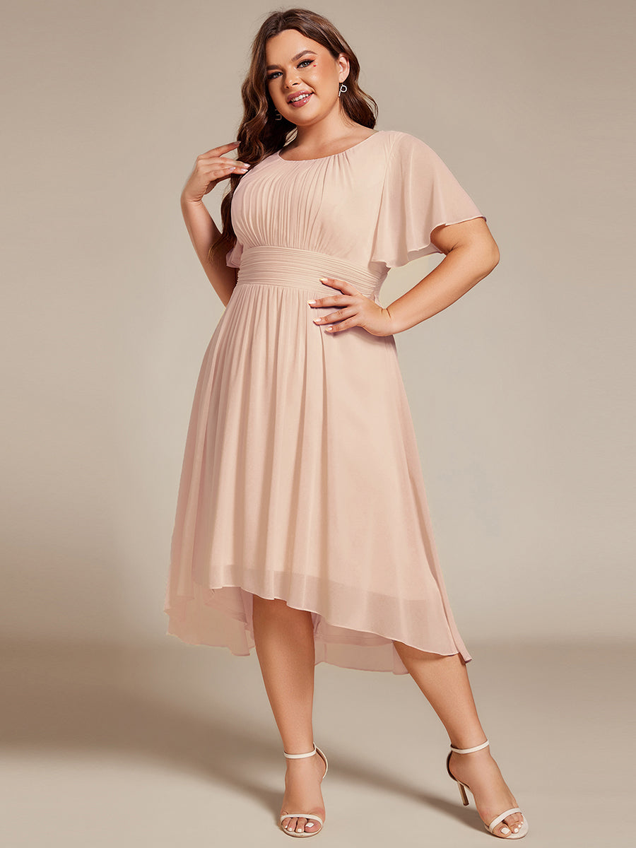 Plus Size Pleated Round Neckline A-Line Midi Chiffon Wedding Guest Dress #color_Blush