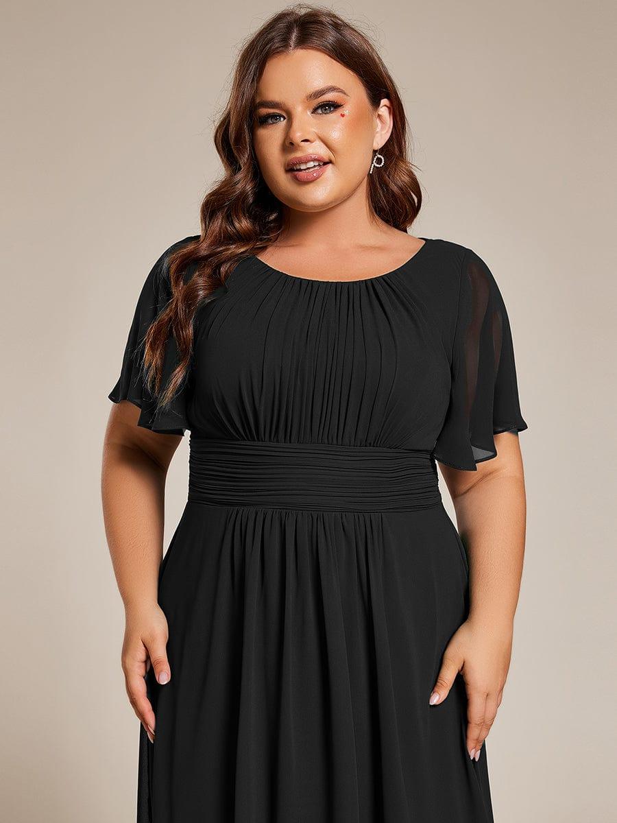 Flowy Chiffon Round Neckline A-Line Knee Length Wedding Guest Dress #color_Black