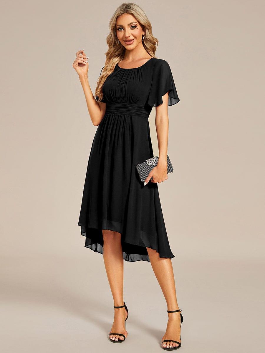 Flowy Chiffon Round Neckline A-Line Knee Length Wedding Guest Dress #color_Black
