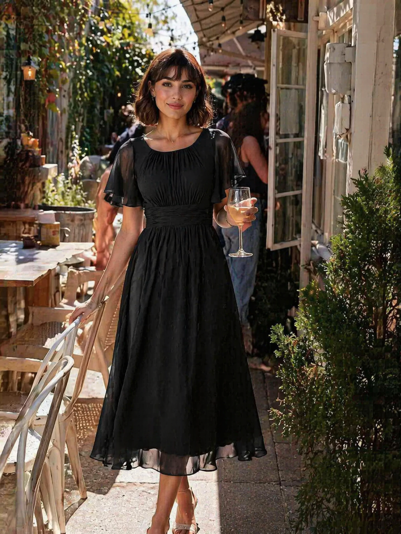 Flowy Chiffon Round Neckline A-Line Knee Length Wedding Guest Dress #color_Black
