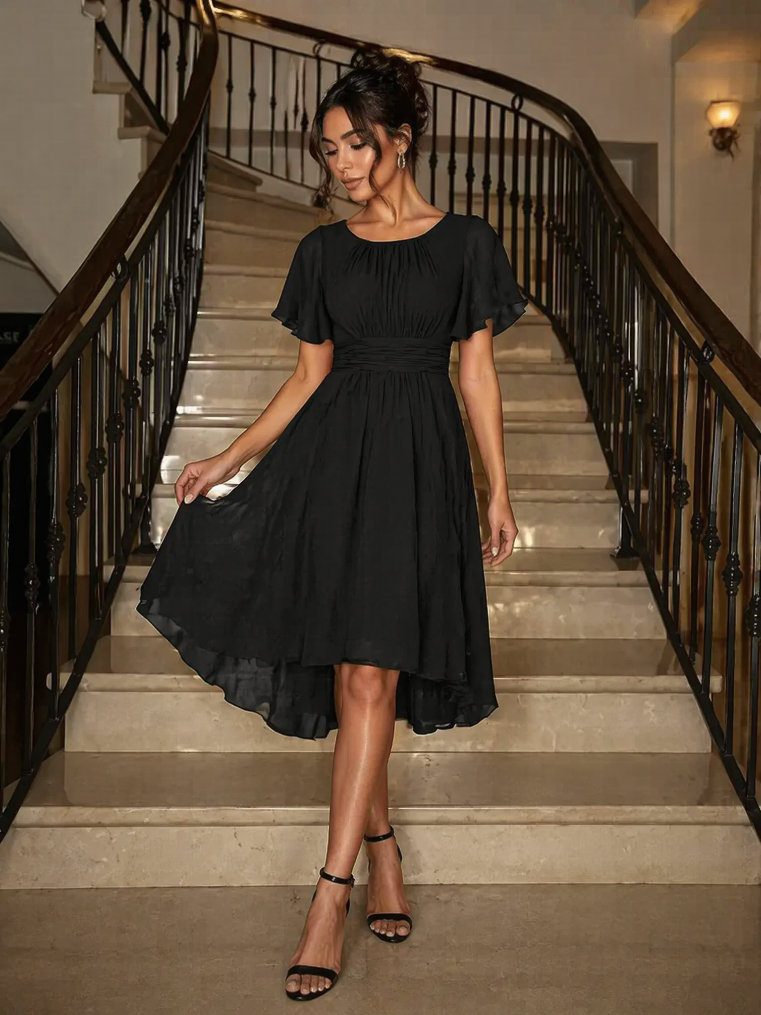 Flowy Chiffon Round Neckline A-Line Knee Length Wedding Guest Dress #color_Black