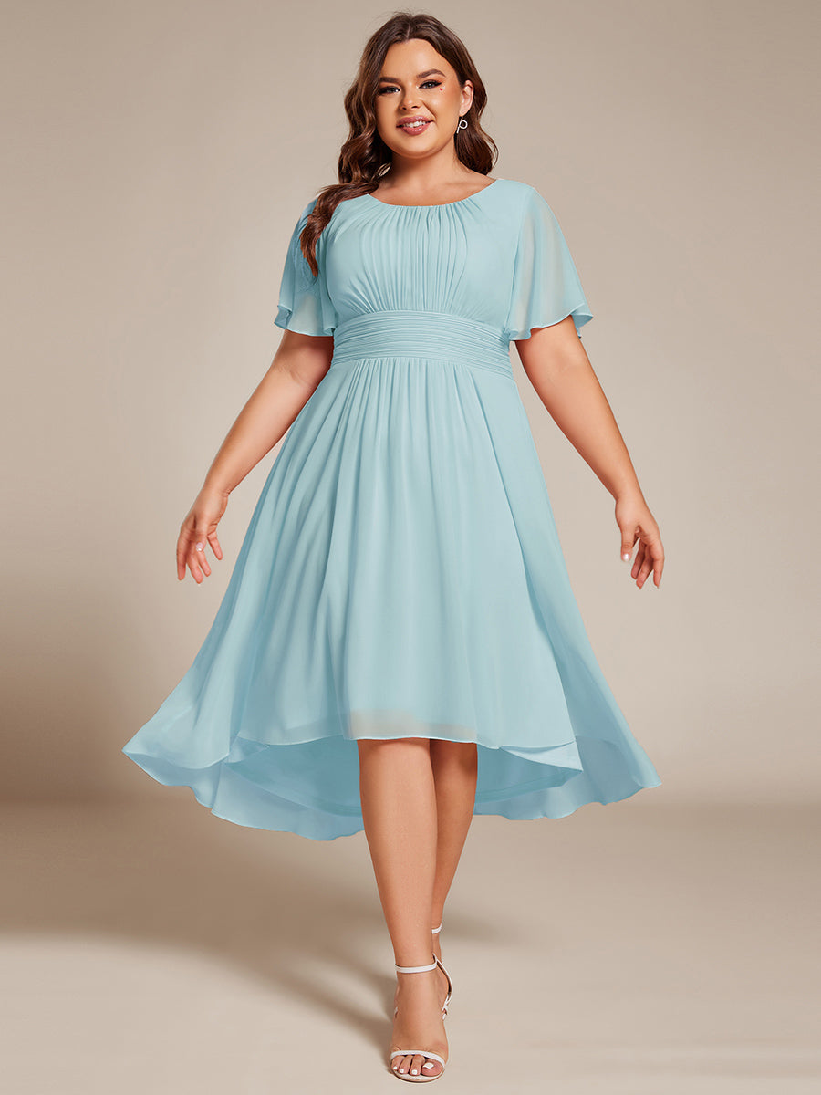 Plus Size Pleated Round Neckline A-Line Midi Chiffon Wedding Guest Dress #color_Sky Blue