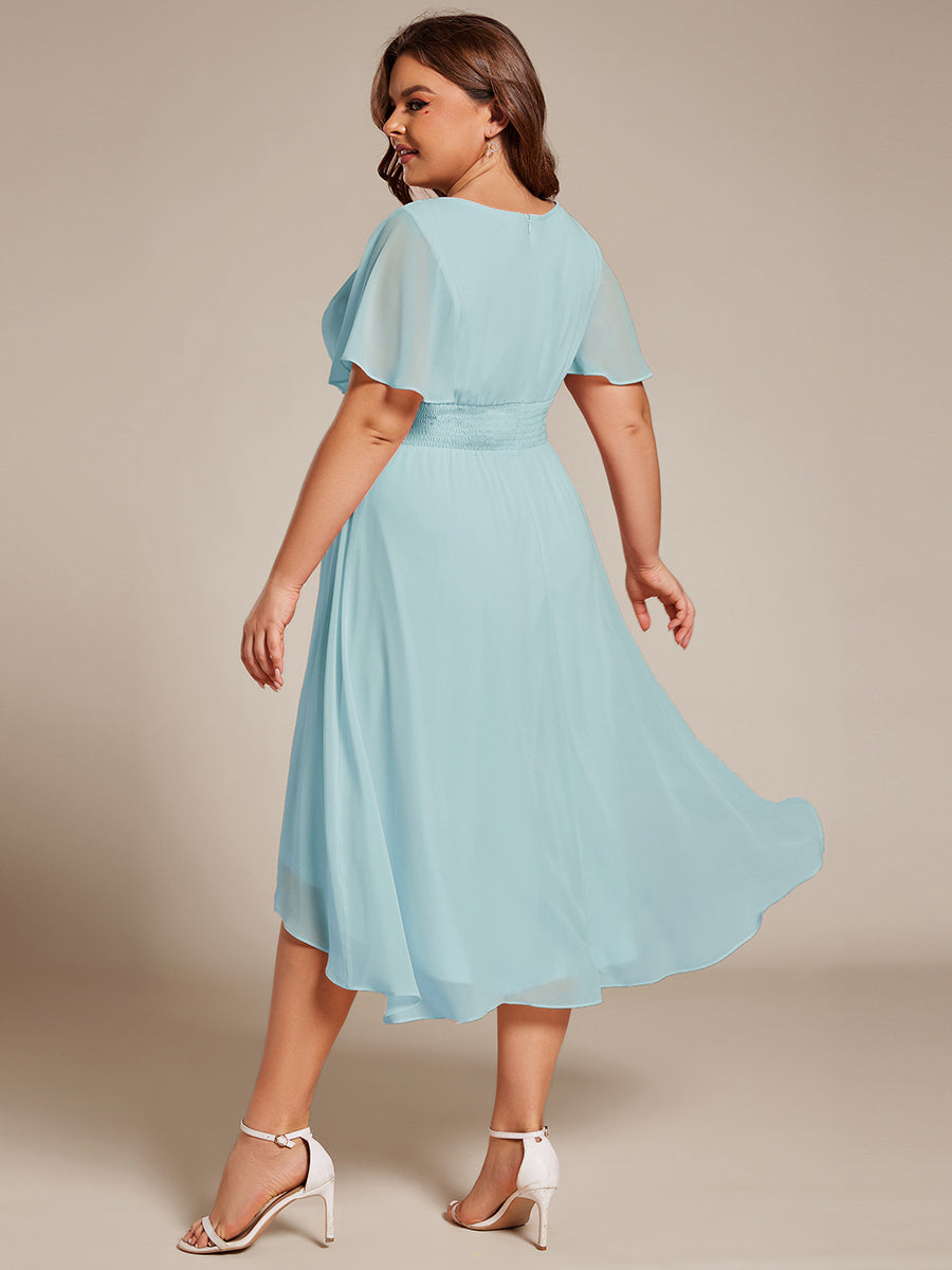 Plus Size Pleated Round Neckline A-Line Midi Chiffon Wedding Guest Dress #color_Sky Blue