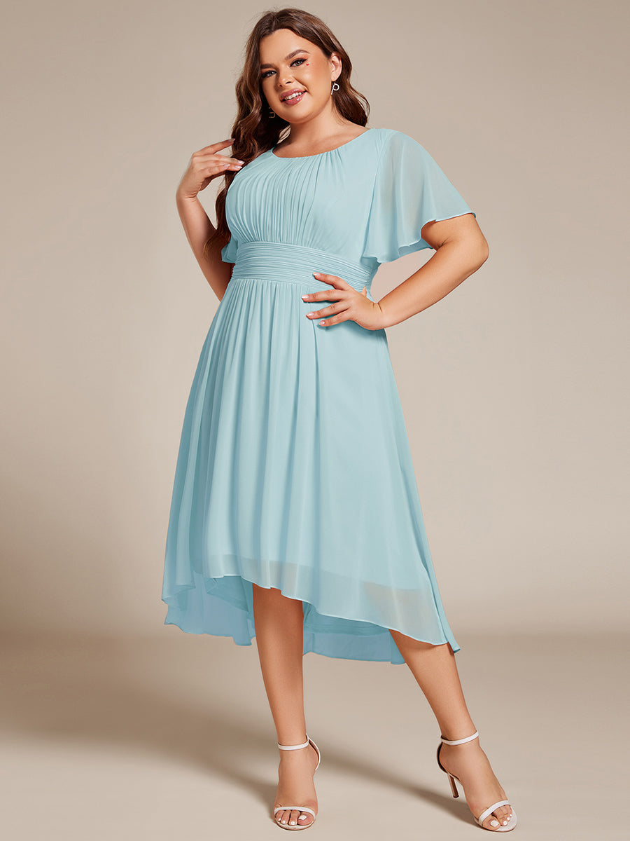 Plus Size Pleated Round Neckline A-Line Midi Chiffon Wedding Guest Dress #color_Sky Blue