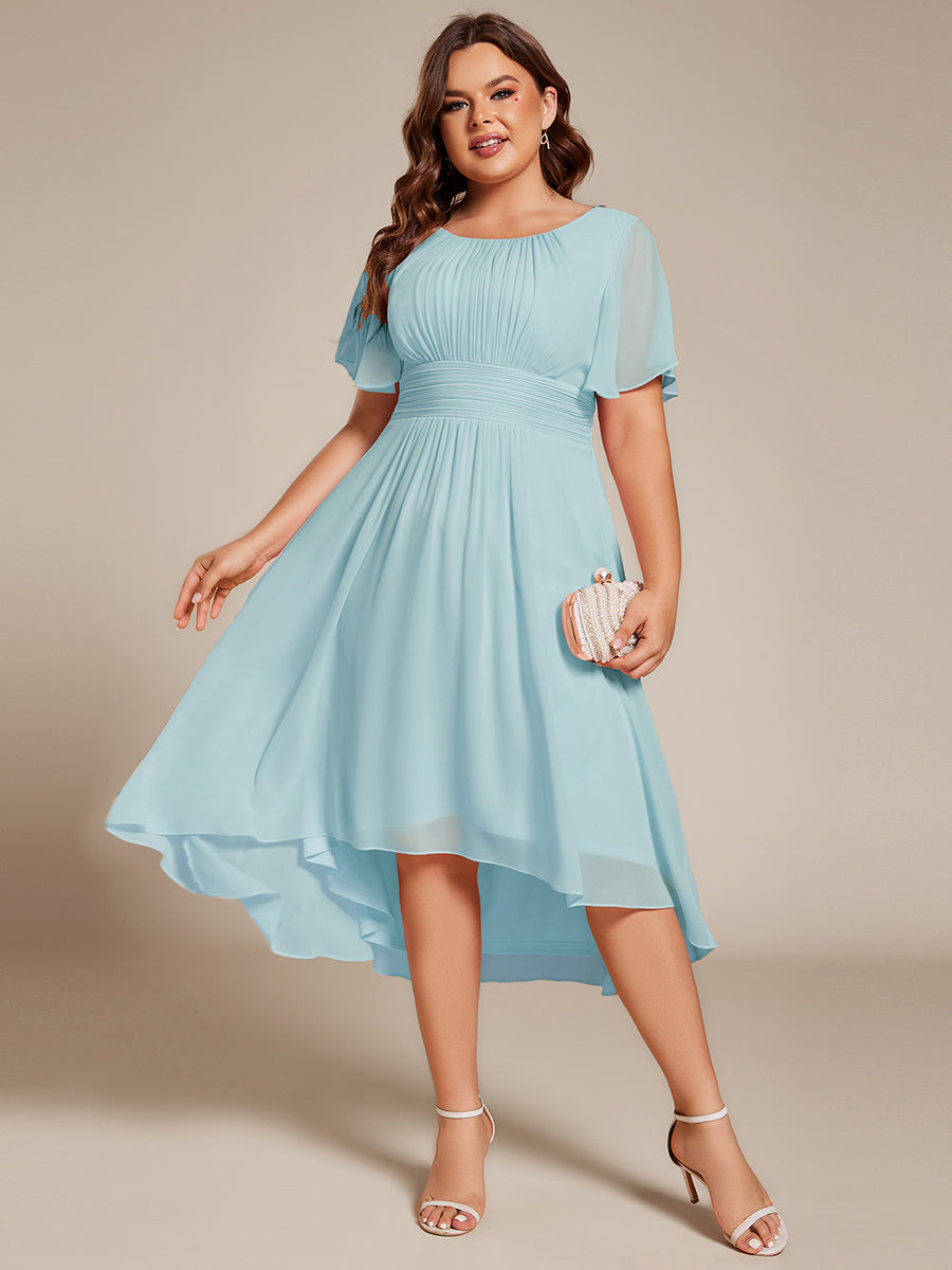 Plus Size Pleated Round Neckline A-Line Midi Chiffon Wedding Guest Dress #color_Sky Blue