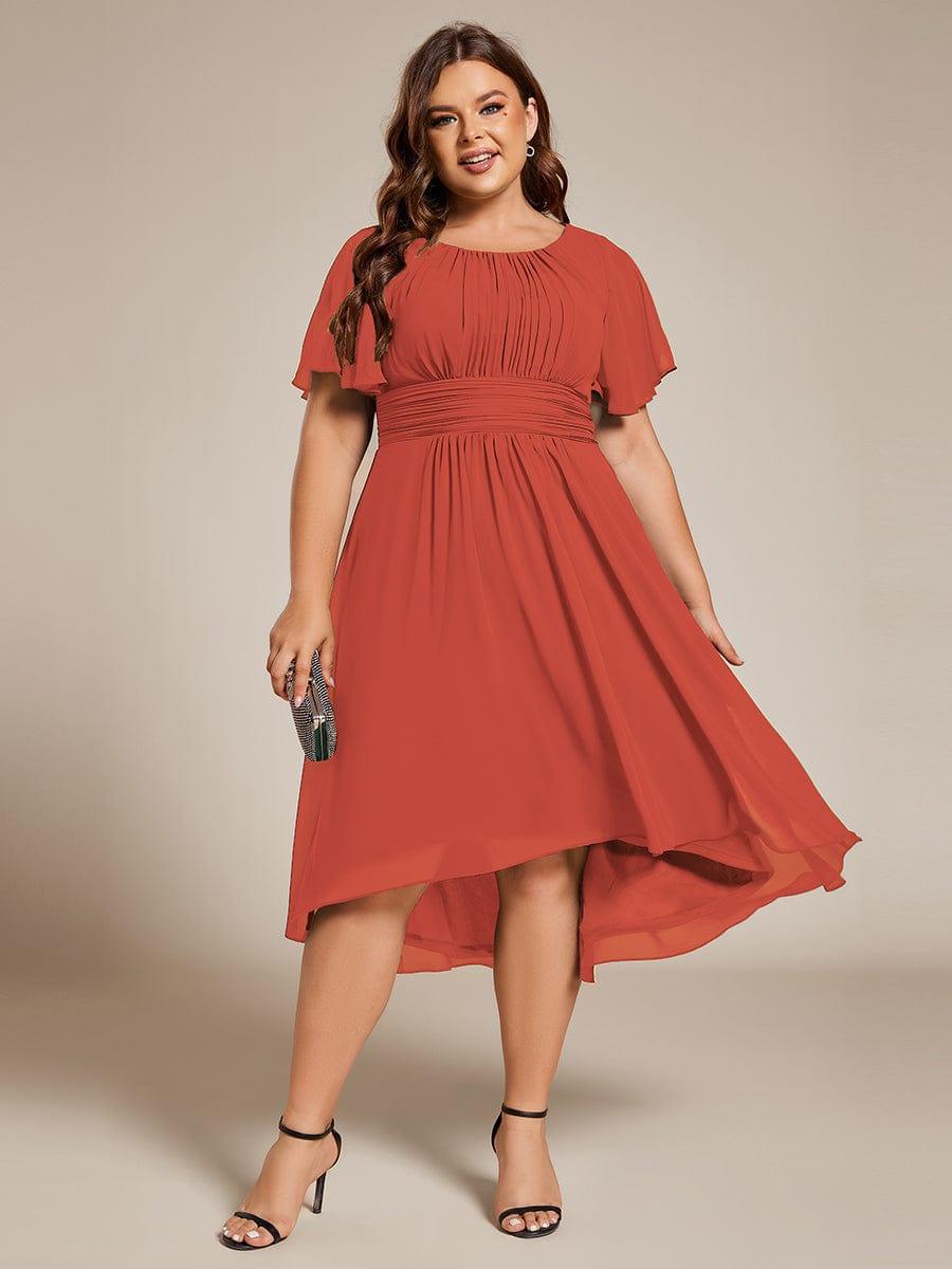 Plus Size Pleated Round Neckline A-Line Midi Chiffon Wedding Guest Dress #color_Burnt Orange