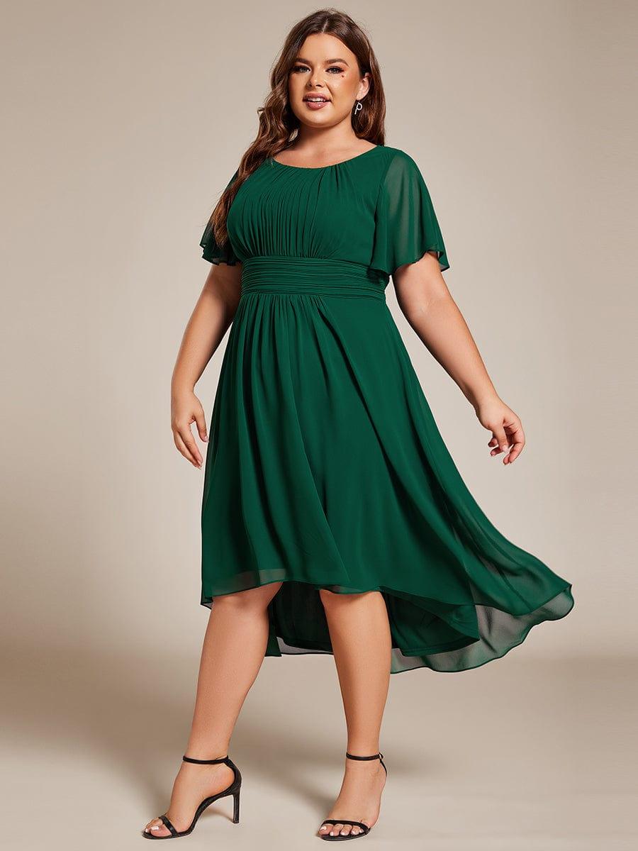 Plus Size Pleated Round Neckline A-Line Midi Chiffon Wedding Guest Dress #color_Dark Green