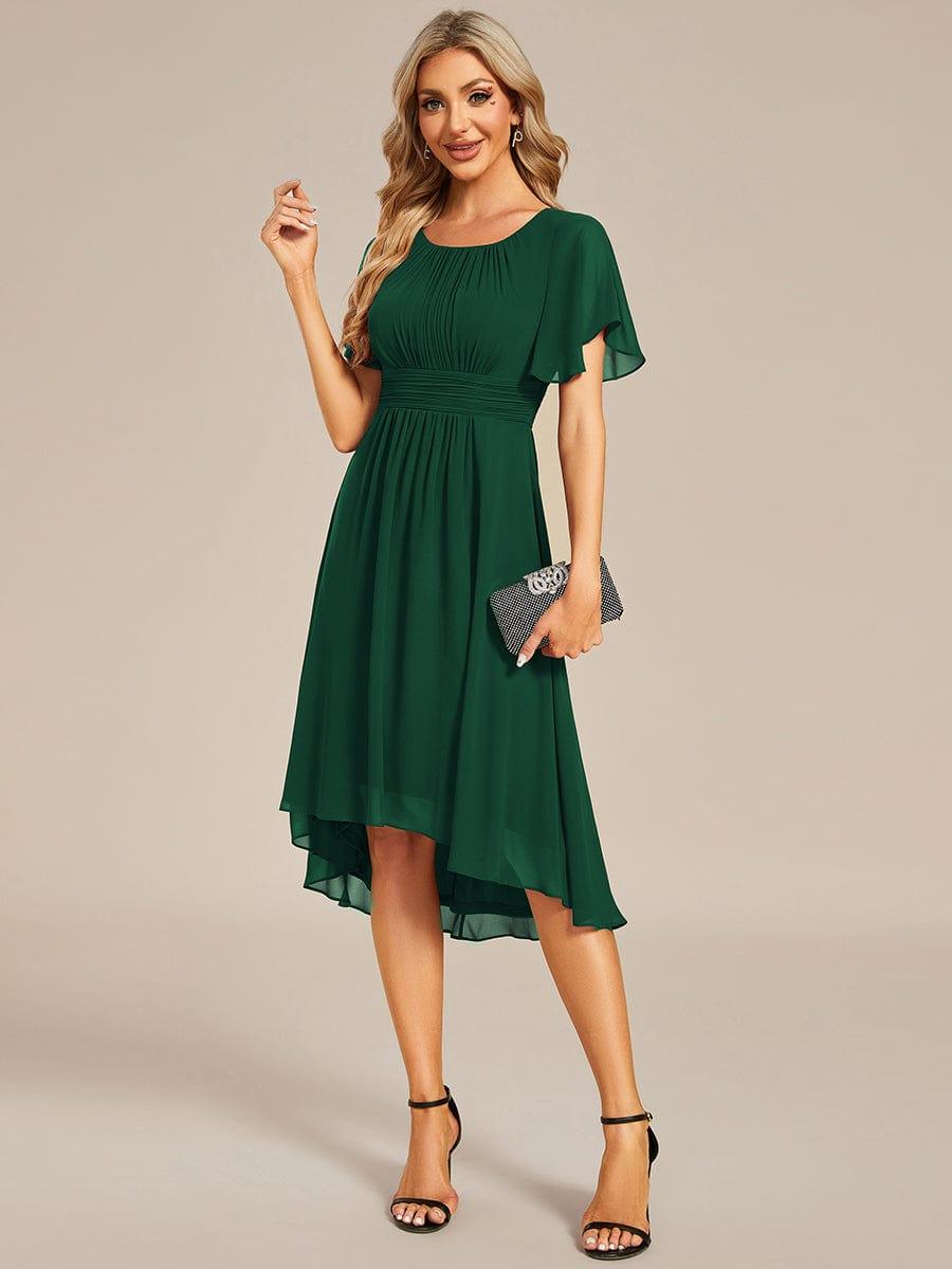 Flowy Chiffon Round Neckline A-Line Knee Length Wedding Guest Dress #color_Dark Green