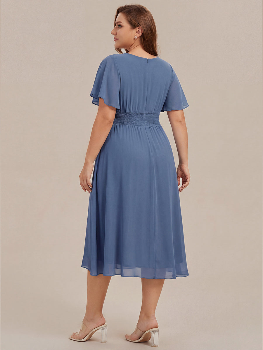 Flowy Chiffon Round Neckline A-Line Knee Length Wedding Guest Dress #color_Dusty Blue