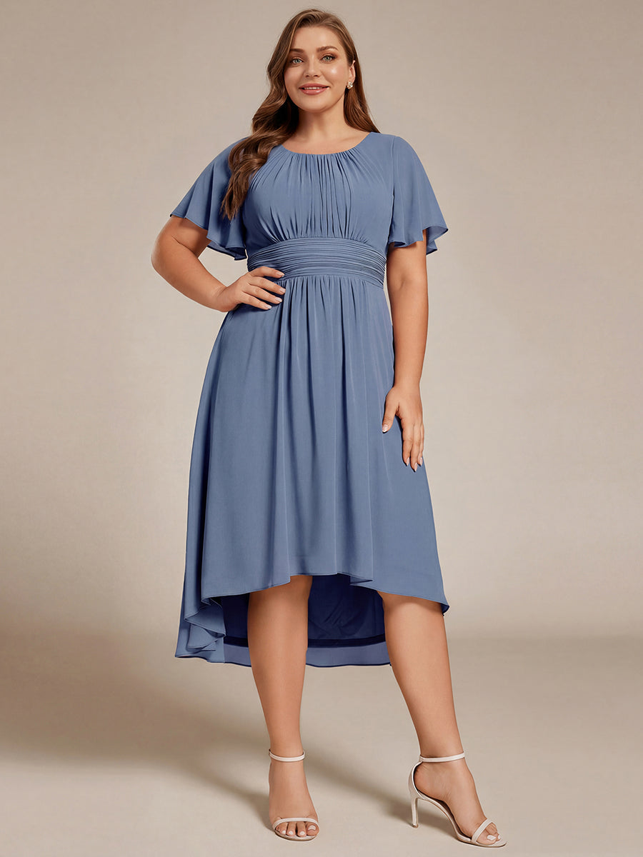 Plus Size Pleated Round Neckline A-Line Midi Chiffon Wedding Guest Dress #color_Dusty Blue