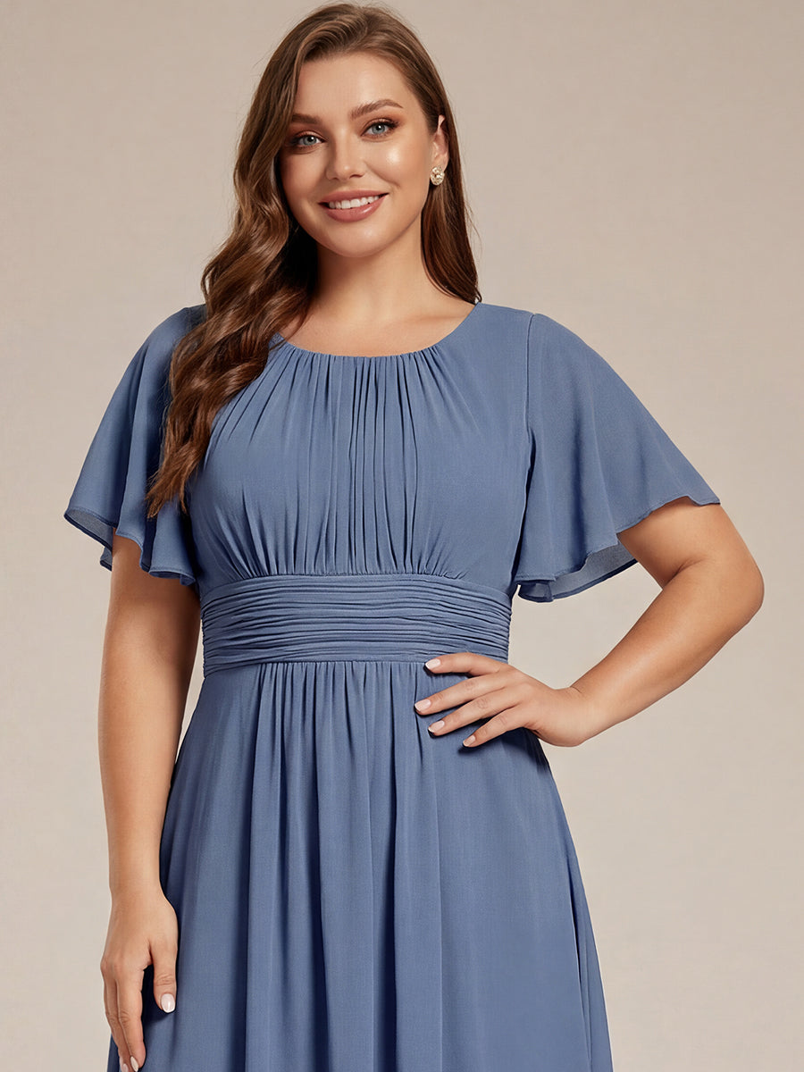 Flowy Chiffon Round Neckline A-Line Knee Length Wedding Guest Dress #color_Dusty Blue