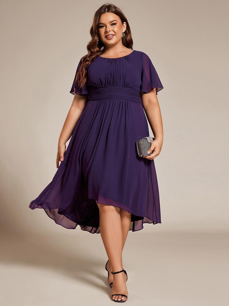Plus Size Pleated Round Neckline A-Line Midi Chiffon Wedding Guest Dress #color_Dark Purple