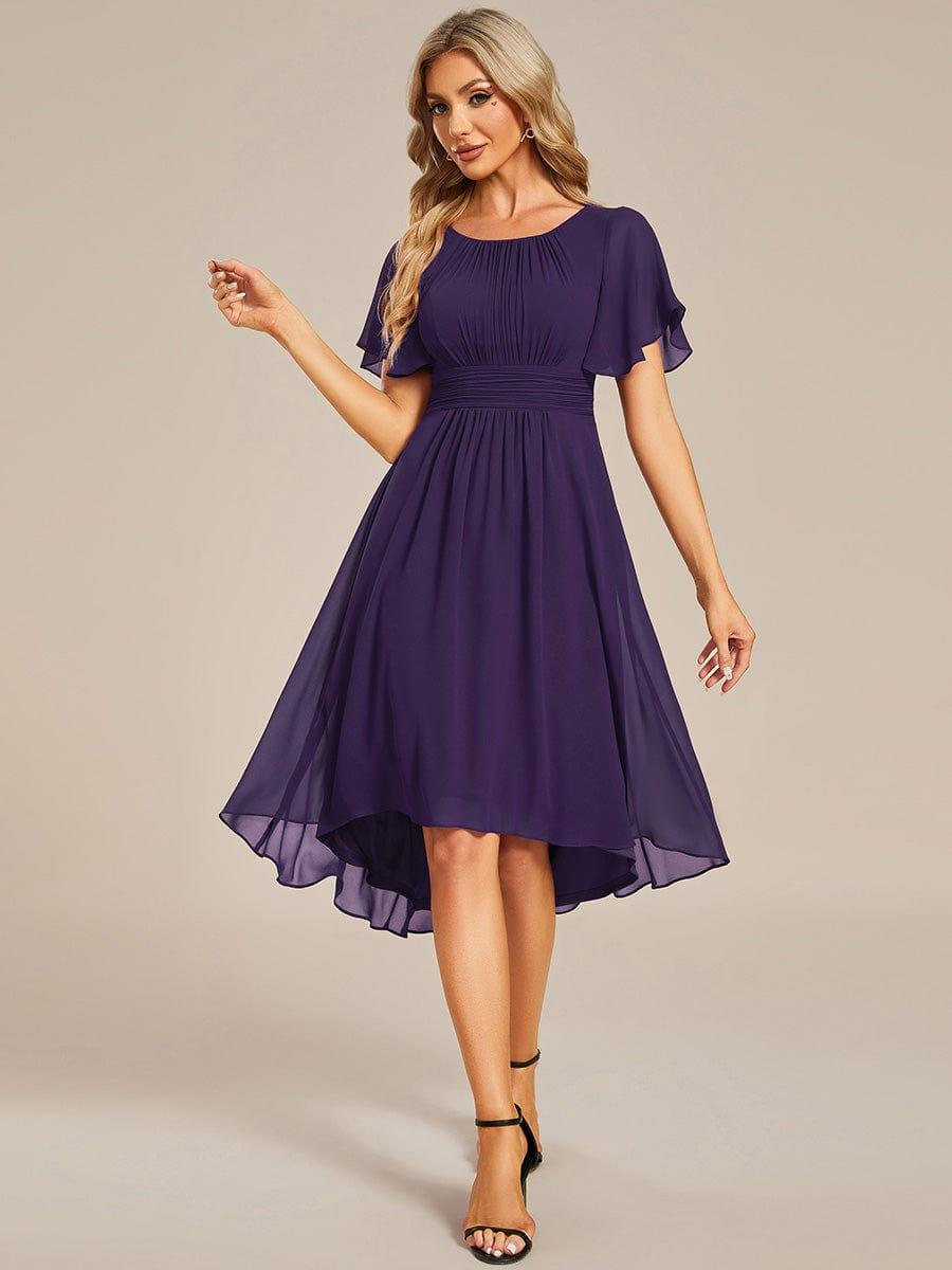 Flowy Chiffon Round Neckline A-Line Knee Length Wedding Guest Dress #color_Dark Purple
