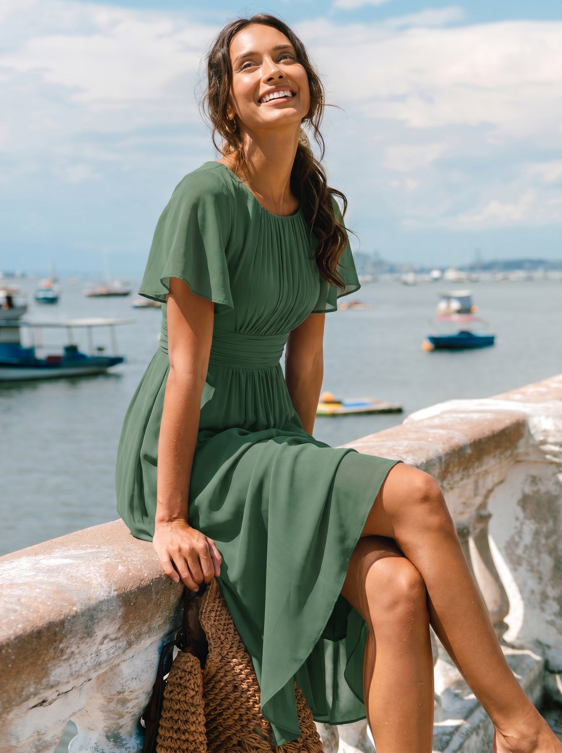 Flowy Chiffon Round Neckline A-Line Knee Length Wedding Guest Dress #color_Eucalyptus