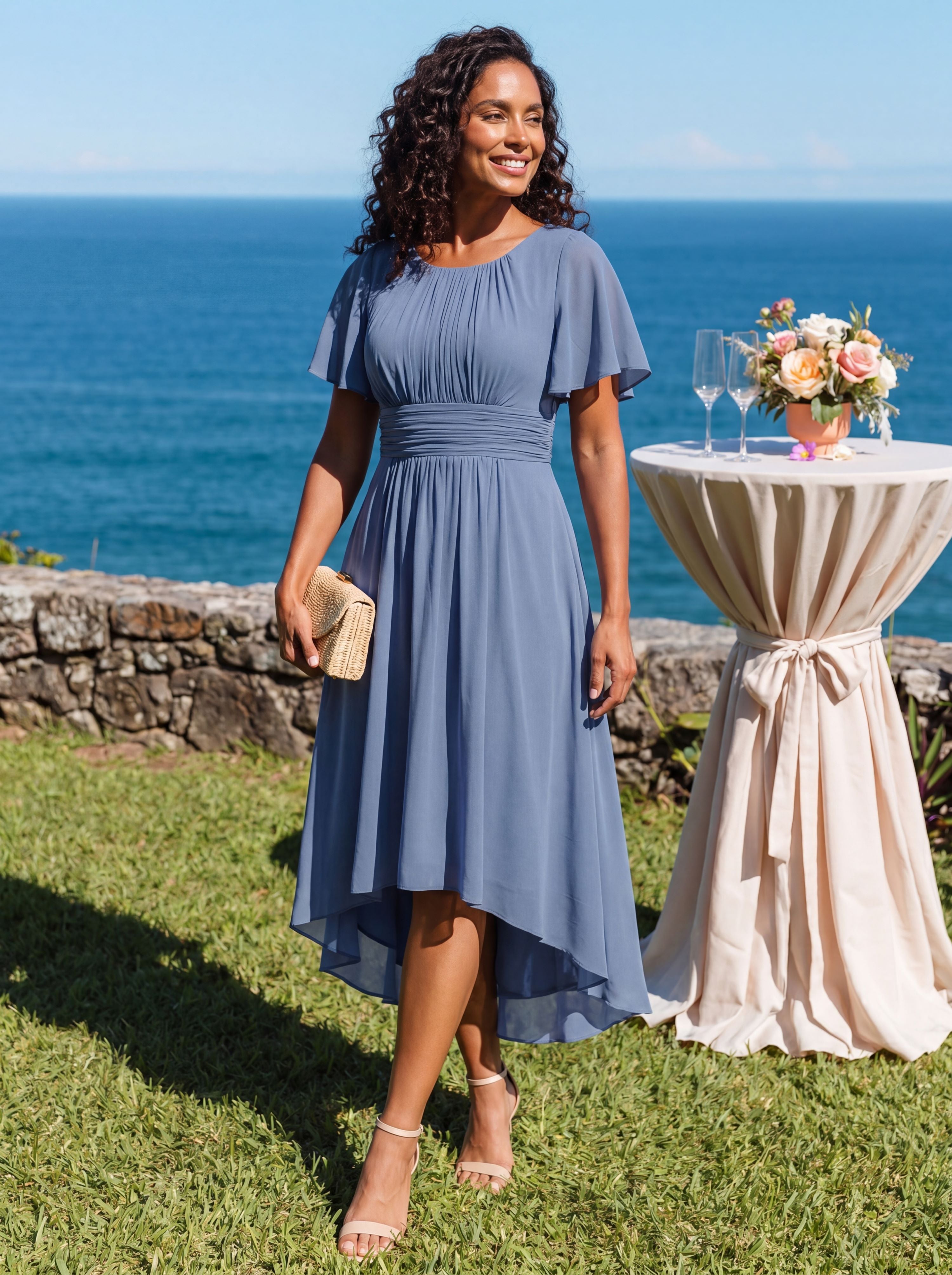 Flowy Chiffon Round Neckline A-Line Knee Length Wedding Guest Dress #color_Dusty Blue
