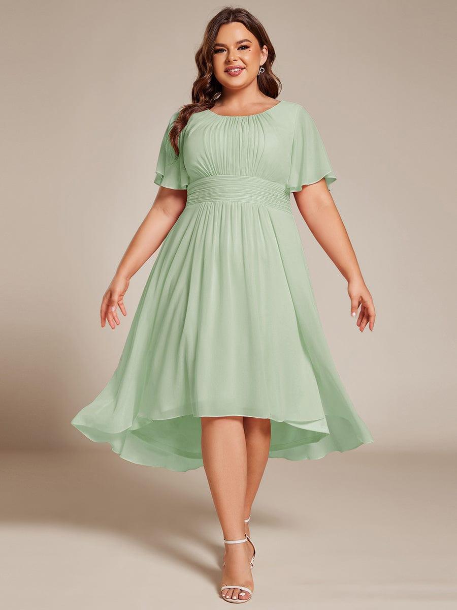 Plus Size Pleated Round Neckline A-Line Midi Chiffon Wedding Guest Dress #color_Mint Green