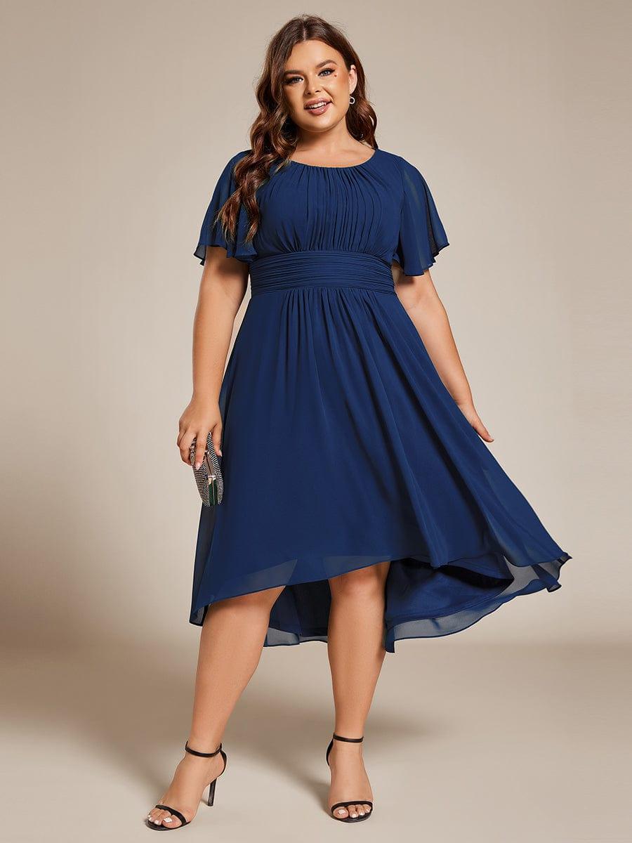Plus Size Pleated Round Neckline A-Line Midi Chiffon Wedding Guest Dress #color_Navy Blue