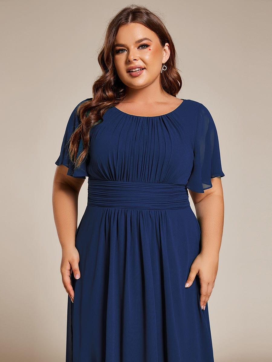 Flowy Chiffon Round Neckline A-Line Knee Length Wedding Guest Dress #color_Navy Blue