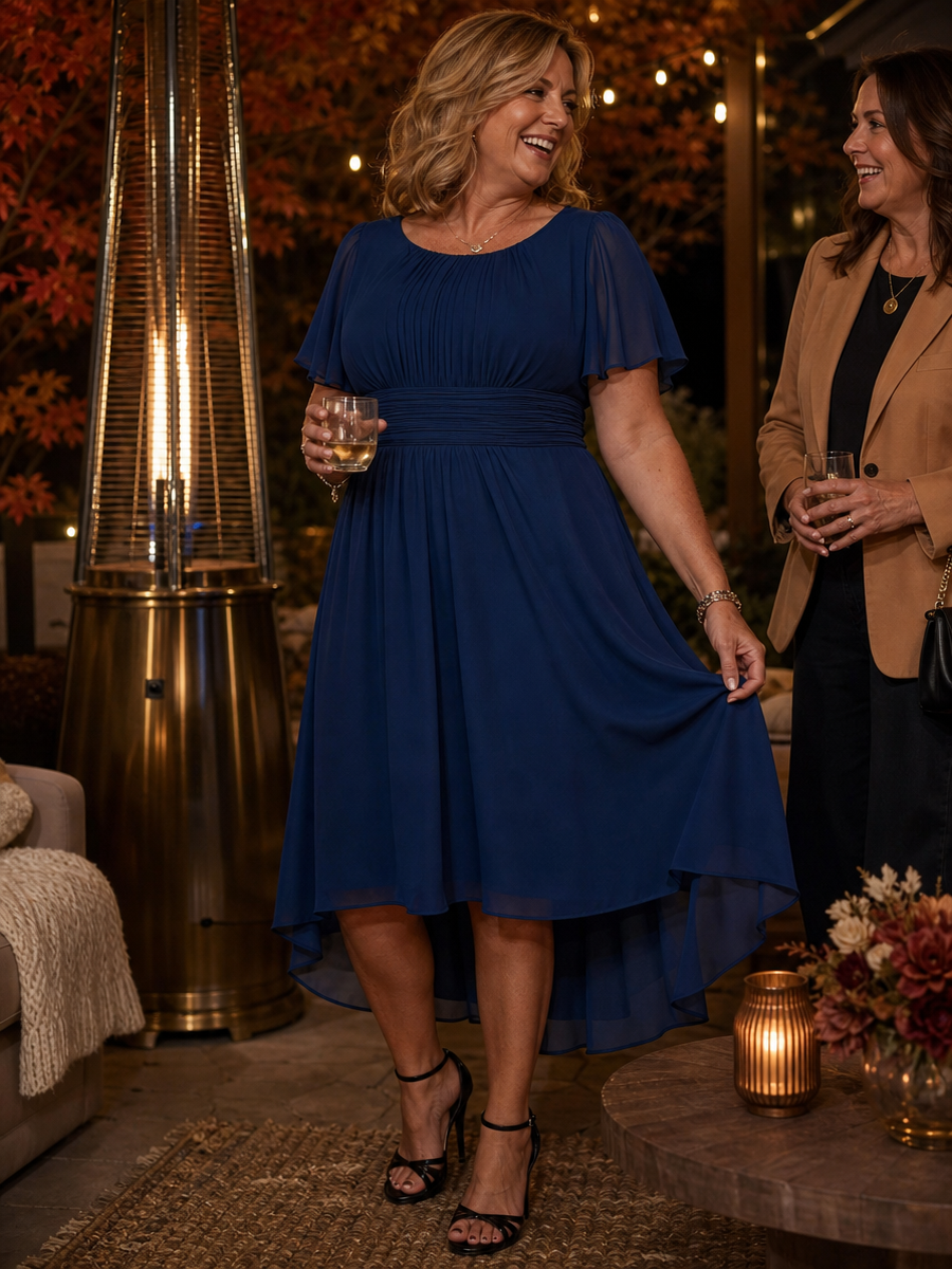 Flowy Chiffon Round Neckline A-Line Knee Length Wedding Guest Dress #color_Navy Blue
