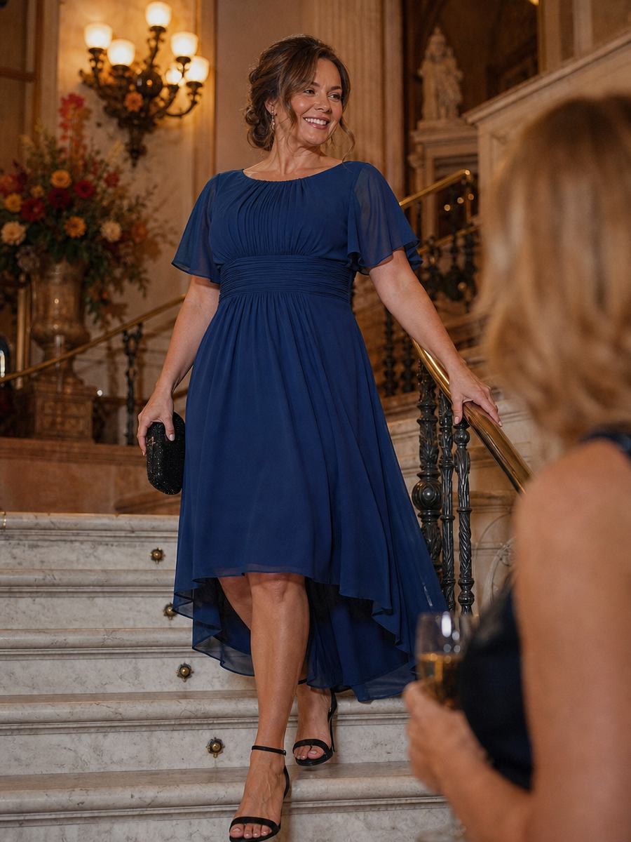 Flowy Chiffon Round Neckline A-Line Knee Length Wedding Guest Dress #color_Navy Blue