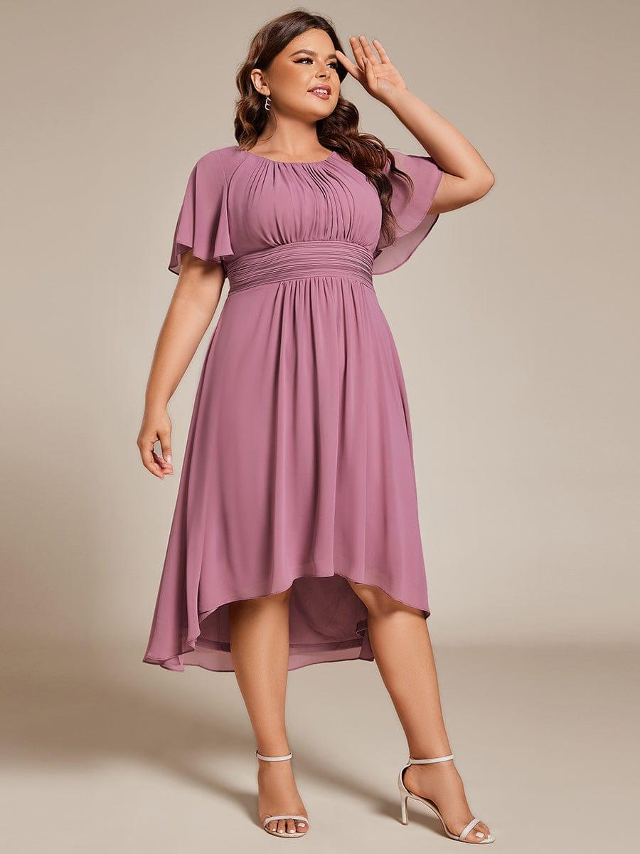Plus Size Pleated Round Neckline A-Line Midi Chiffon Wedding Guest Dress #color_Purple Orchid
