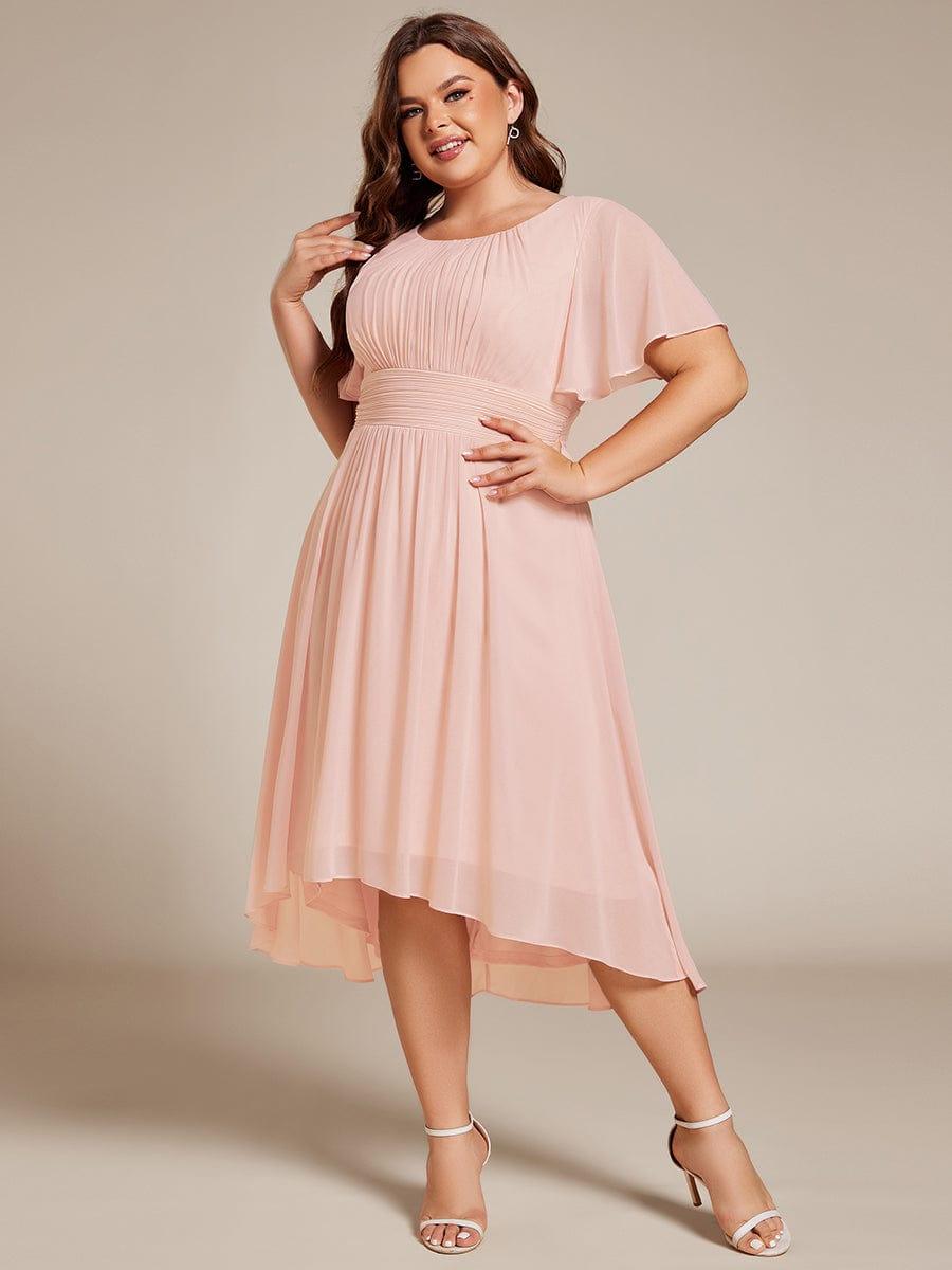 Plus Size Pleated Round Neckline A-Line Midi Chiffon Wedding Guest Dress #color_Pink