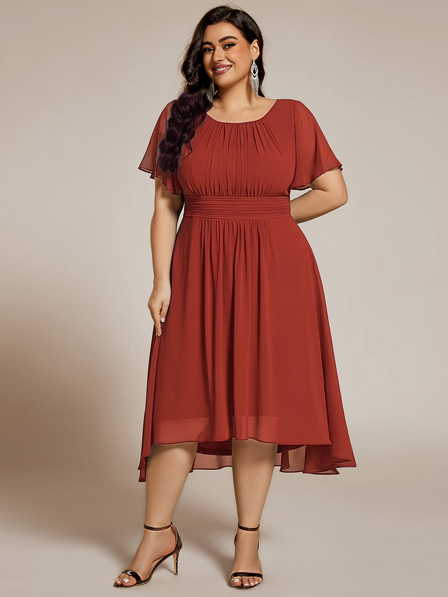 Plus Size Pleated Round Neckline A-Line Midi Chiffon Wedding Guest Dress #color_Vermilion