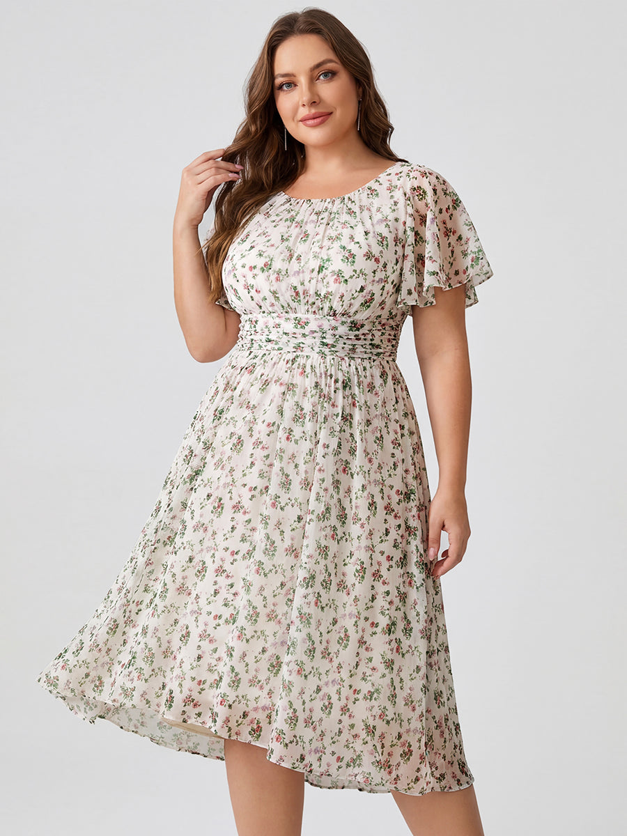 Plus Size Pleated Round Neckline A-Line Midi Chiffon Wedding Guest Dress #color_White Floral
