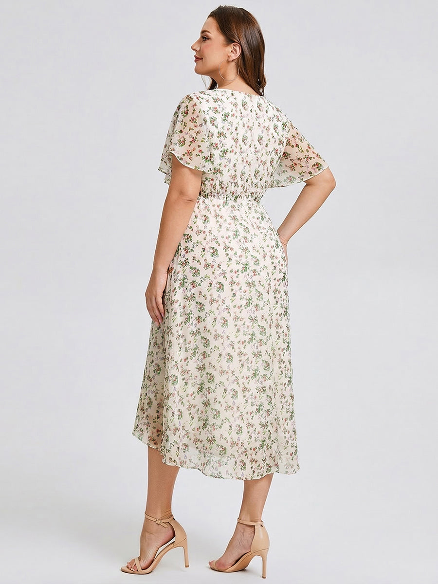 Plus Size Pleated Round Neckline A-Line Midi Chiffon Wedding Guest Dress #color_White Floral