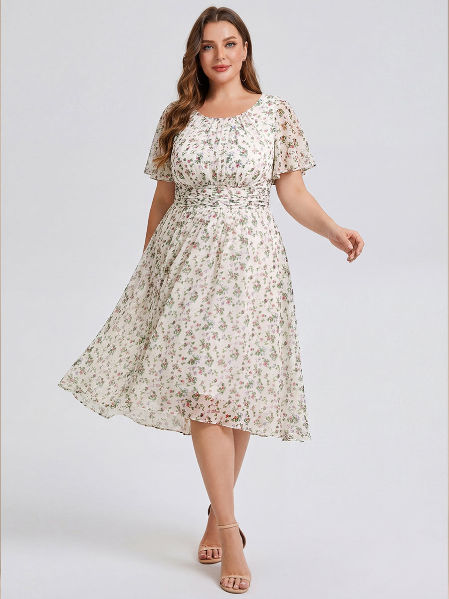 Plus Size Pleated Round Neckline A-Line Midi Chiffon Wedding Guest Dress #color_White Floral