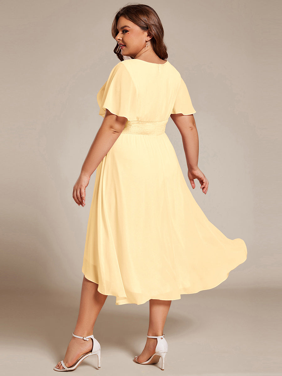 Flowy Chiffon Round Neckline A-Line Knee Length Wedding Guest Dress #color_Yellow