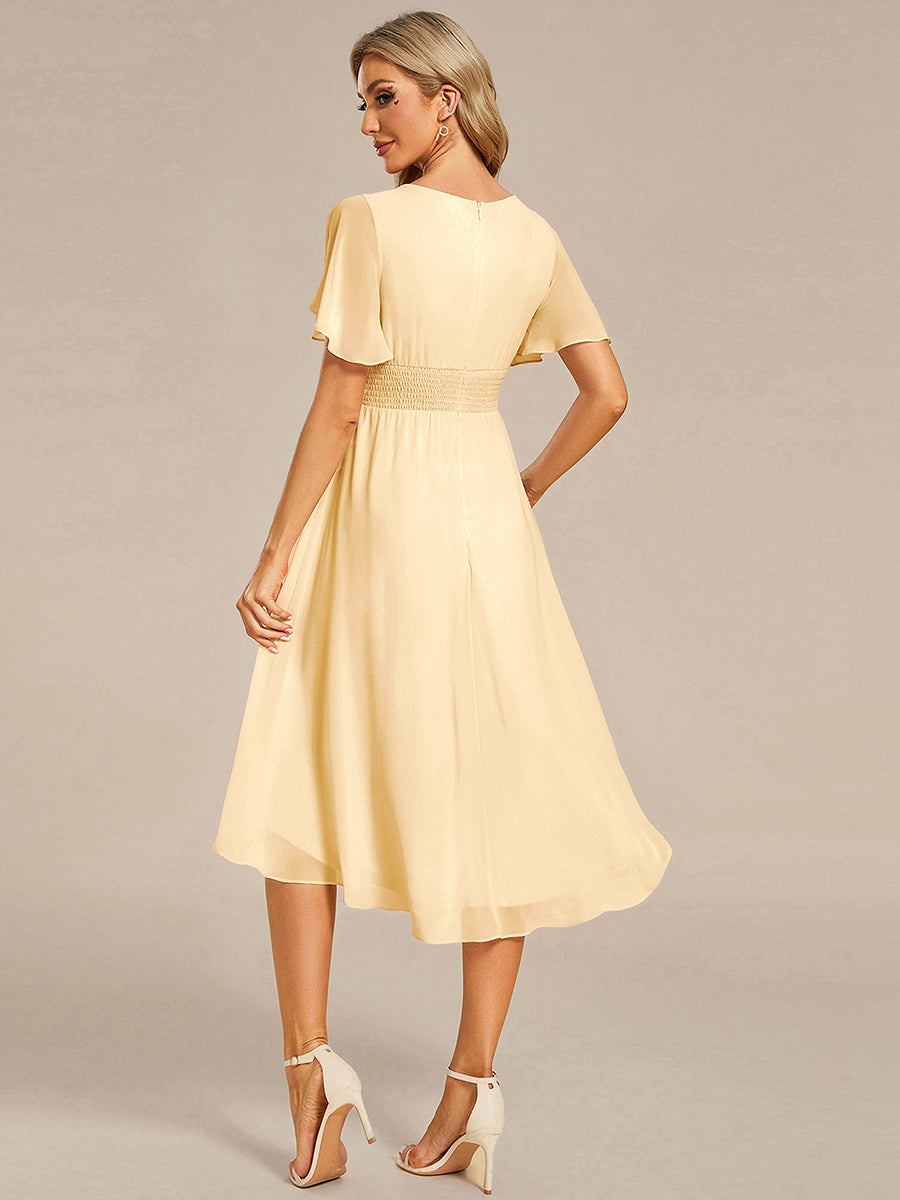 Flowy Chiffon Round Neckline A-Line Knee Length Wedding Guest Dress #color_Yellow