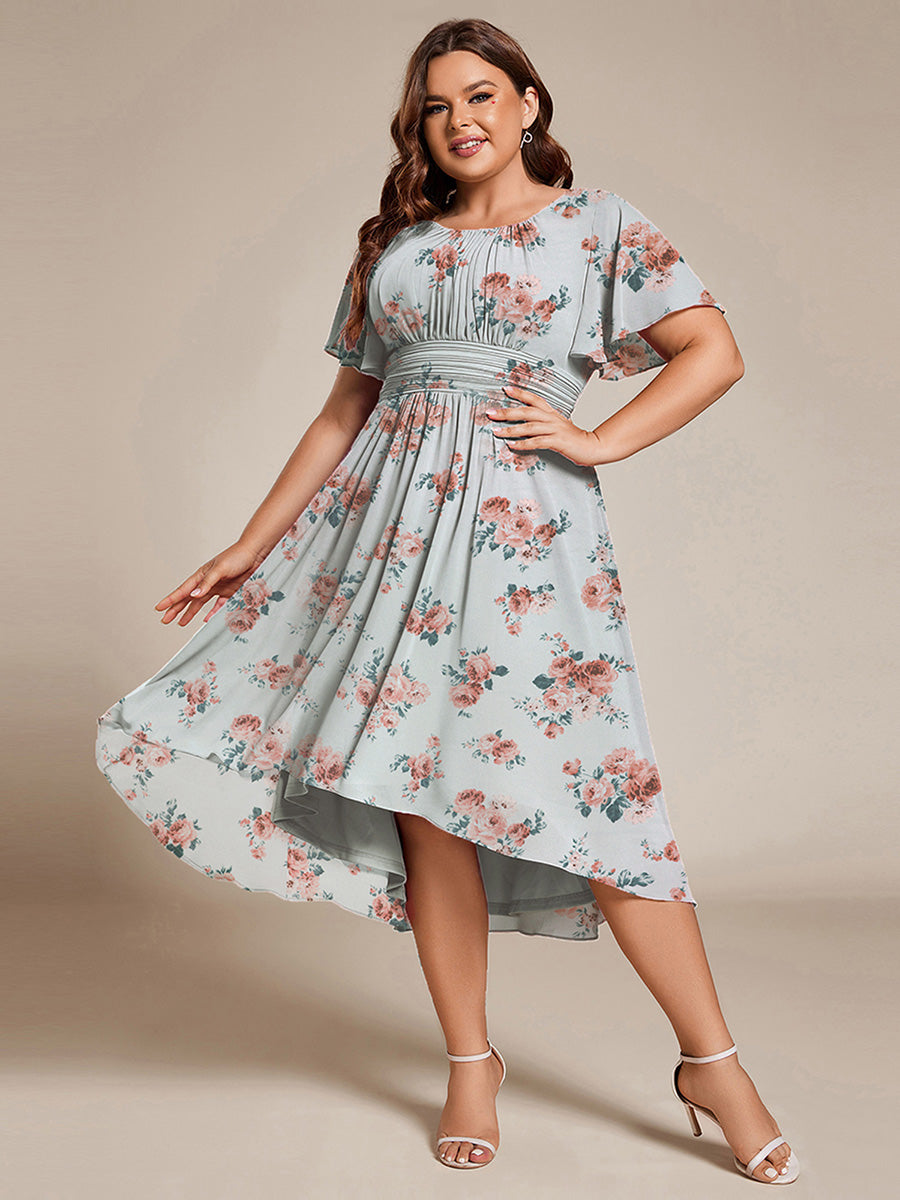 Plus Size Pleated Round Neckline A-Line Midi Chiffon Wedding Guest Dress #color_Amber Bloom
