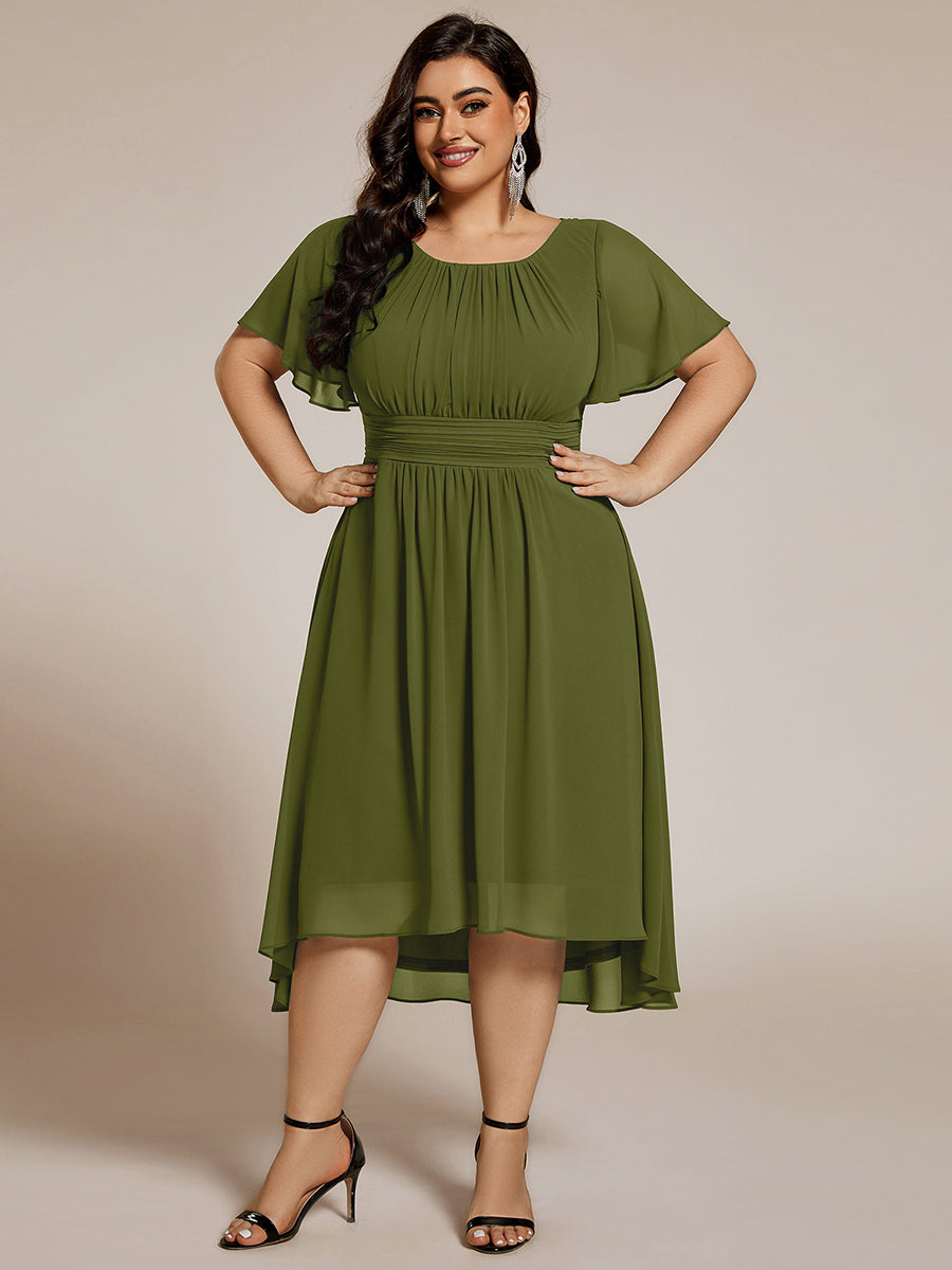Flowy Chiffon Round Neckline A-Line Knee Length Wedding Guest Dress #color_Olive Green