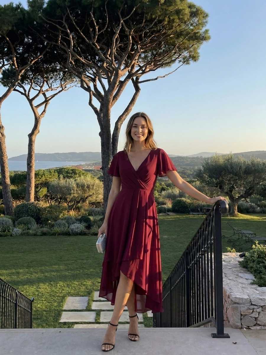 Ruffles Sleeve Pleated V-Neck A-Line Midi Chiffon Wedding Guest Dress #color_Burgundy