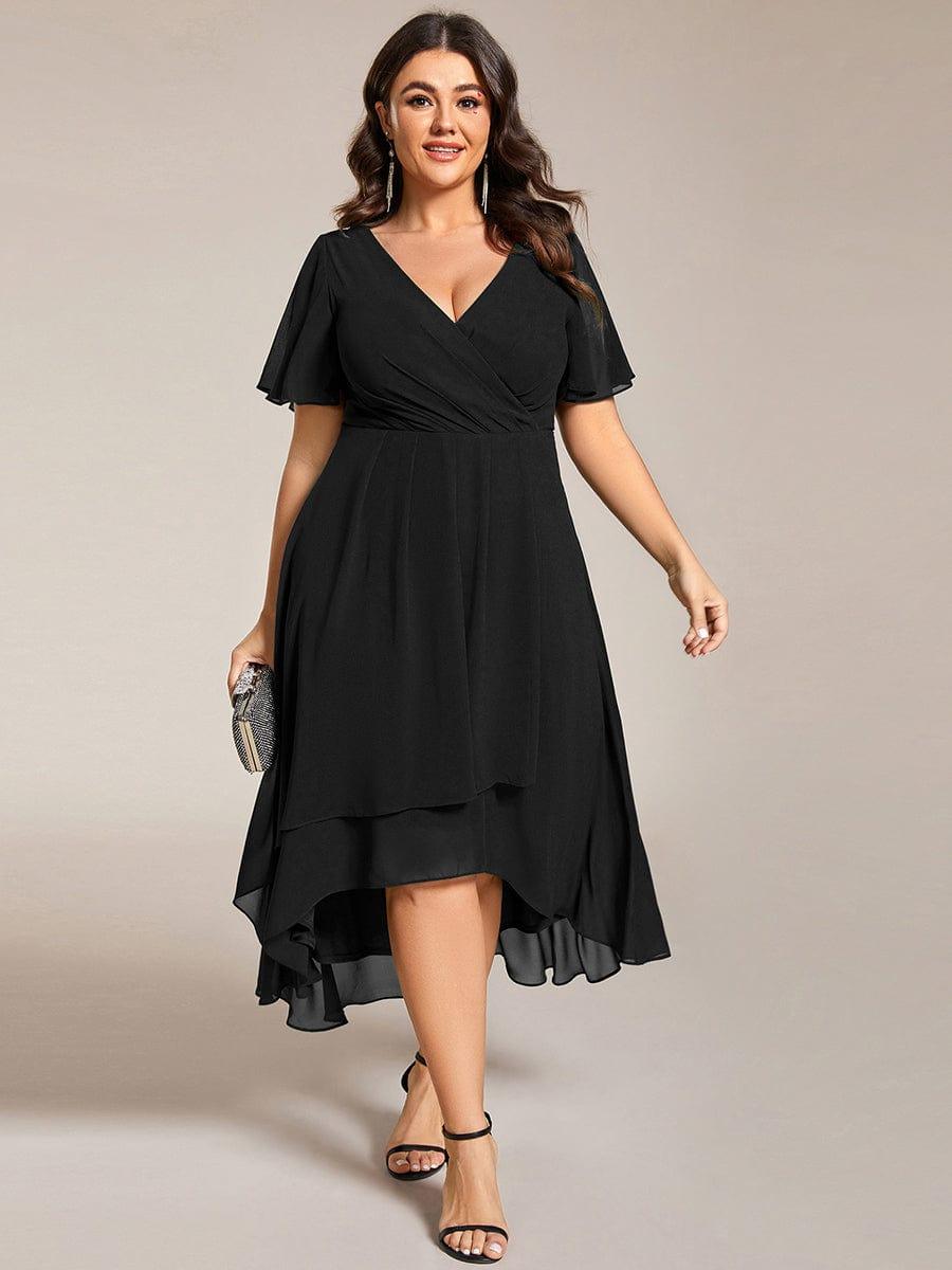 Plus Size Chiffon Short Sleeves Pleated V-Neck A-Line Midi Wedding Guest Dress #color_Black