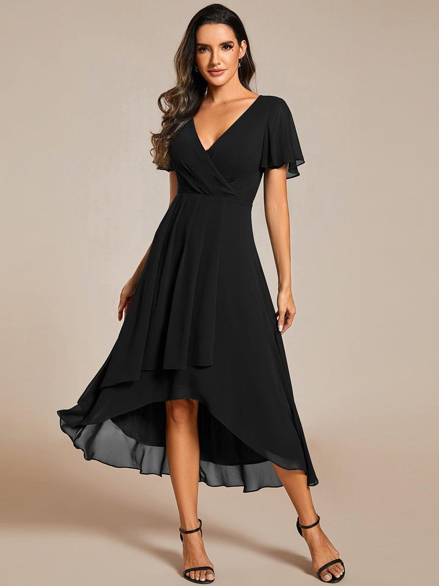 Ruffles Sleeve Pleated V-Neck A-Line Midi Chiffon Wedding Guest Dress #color_Black
