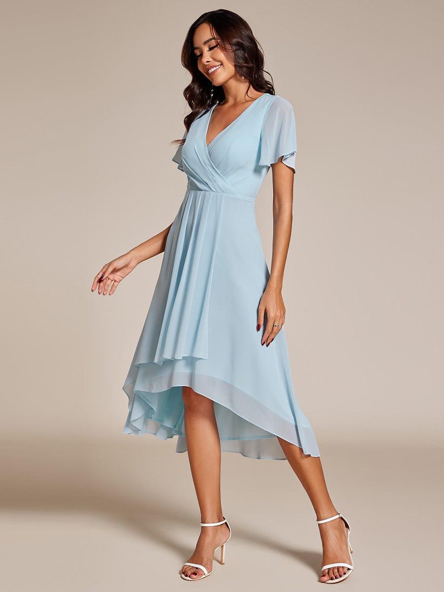 Ruffles Sleeve Pleated V-Neck A-Line Midi Chiffon Wedding Guest Dress #color_Sky Blue