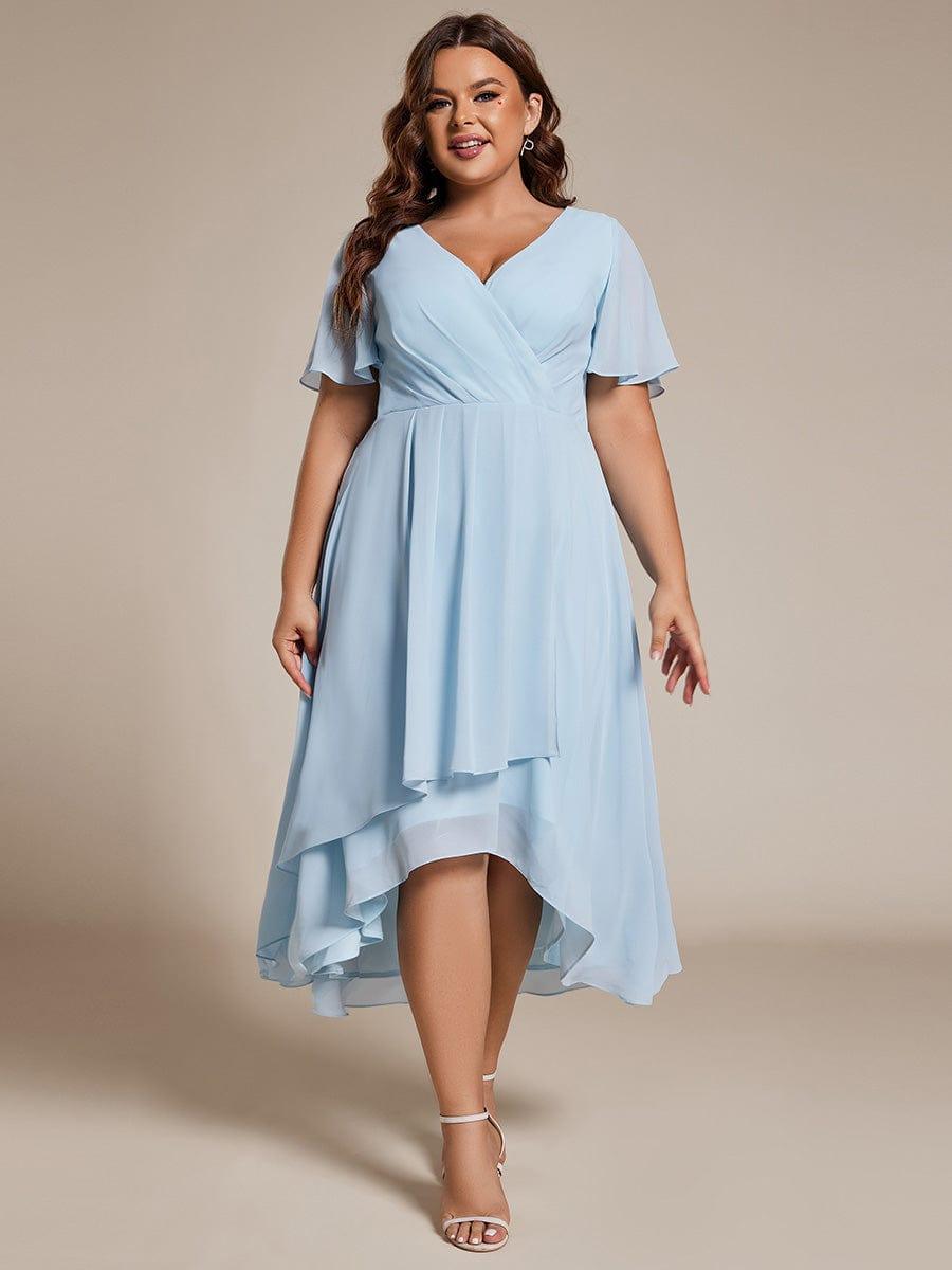 Plus Size Chiffon Short Sleeves Pleated V-Neck A-Line Midi Wedding Guest Dress #color_Sky Blue